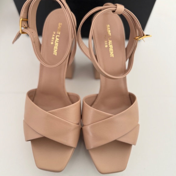 Saint Laurent Farrah 80 Cross Band Leather Platform Sandals Nude Beige Heels - Picture 7 of 9